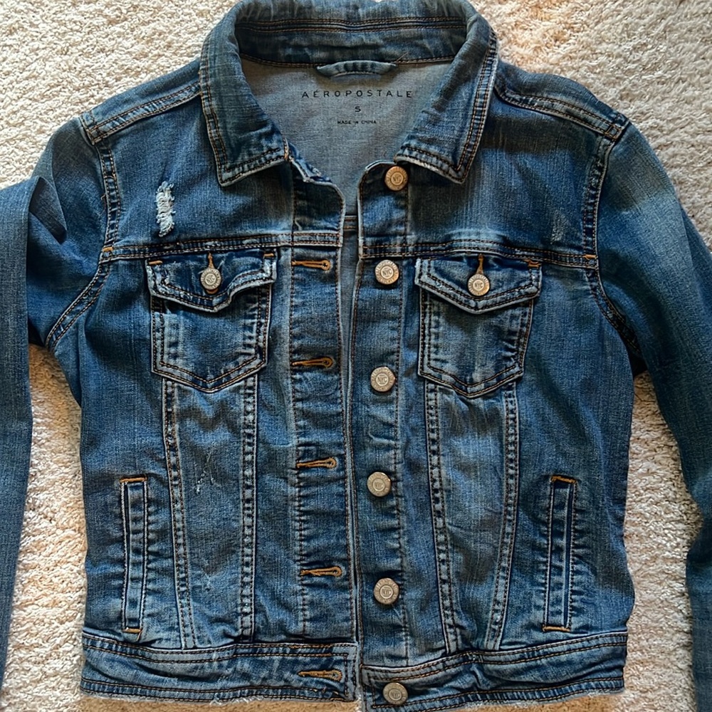 Distressed Aeropostale Denim Jacket S Blue